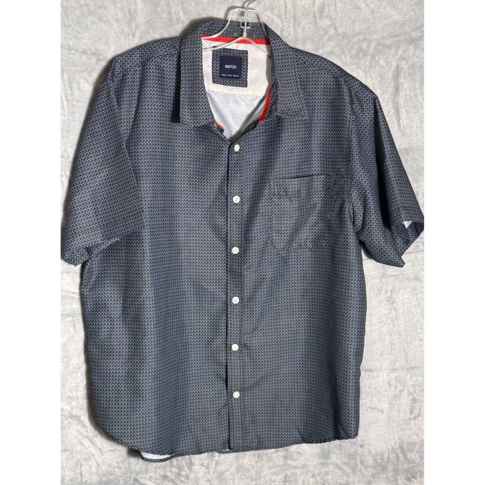 Switch Mens XL Short Sleeve Button Down Shirt Geometric Print Blue Brown Pocket